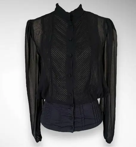 AN'GE Black Long Sleeve Semi Sheer High Neck Blouse W/ Pleated Detailing | EUC