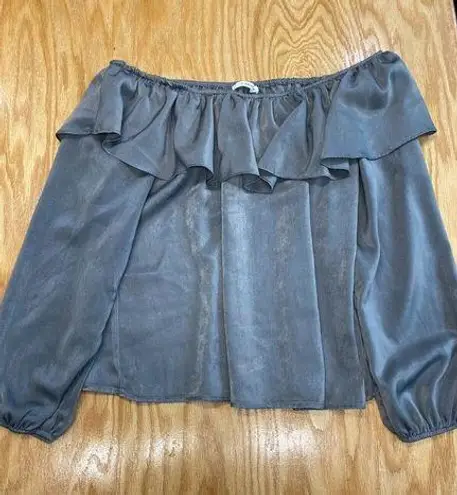 CARAMELA Cropped Blouse Top Women's Small Gray Long Sleeve Ruffled Hipster B76