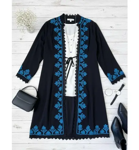Soft Surroundings Embroidered Lace Trim Duster Jacket, Long Sleeve, Black Blue