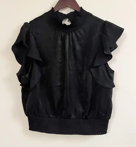 Pleione Black Satin Ruffle Short Sleeve Polka Dot Blouse NEW XL Smocked Waist
