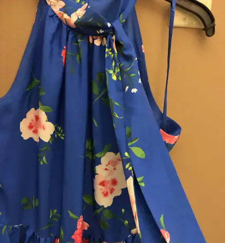 Eliza J Floral Halter High Neck Sleeveless Tiered Dress Blue Pink 8