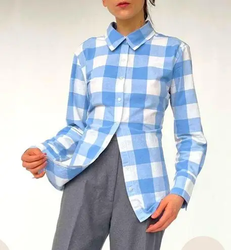 Norma Kamali Blue and White Gingham Checked Button Up Vintage Sz XL