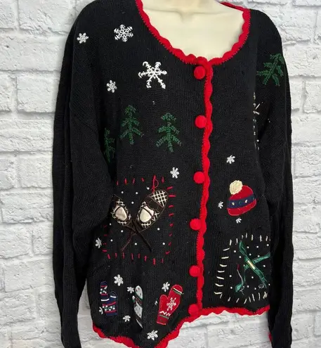 basic editions Vintage Christmas Cardigan Sweater Size XL Black Beaded Sequins
