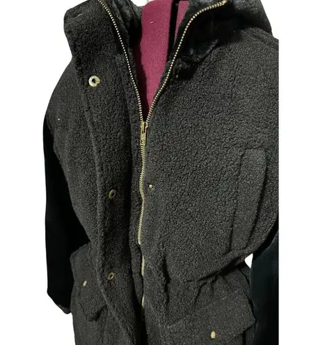 EDEN SOCIETY Faux Fur Wooly Coat Stitchfix Cinch Hooded Jacket Black NWT Medium