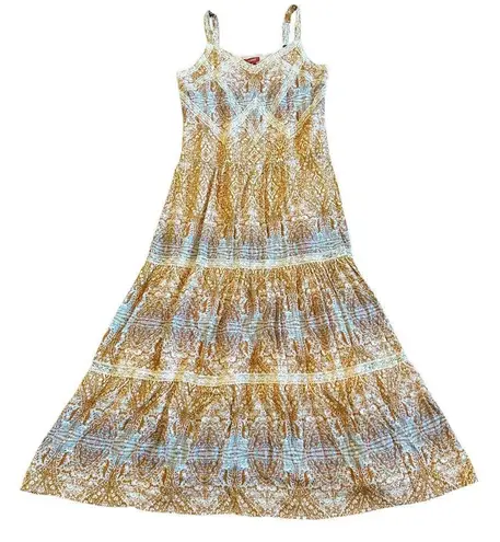 Sundance Bohemian Print Maxi Dress Tank Top Lace Trim Sheath Size 10 Women's Brown