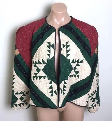 Quilted Jacket Coat Quilt Starburst Red Green Cream Cottage Size L