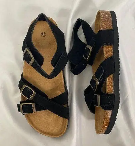 Boho Black Faux Suede Criss Cross Ankle Strap Buckle Sandals EU 38 / US 7.5