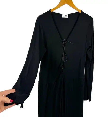 LNA Kalaya Ribbed Knit Black Long Sleeve Bodycon Lace Up Front Jumpsuit Size 1X