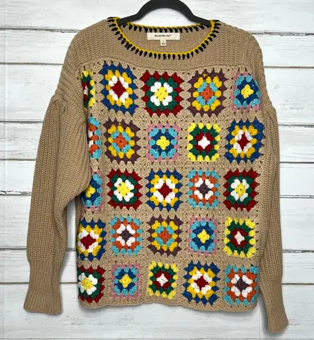 Blue Velvet Crochet Granny Square Boho Knit Sweater Size Small Multicolor Tan