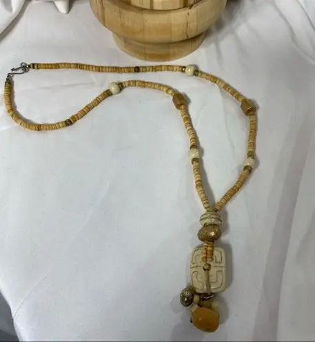 Vintage Fashion Necklace Womens 24in Faux Wood Burlap Glass Bead Boho Hippie Y2K