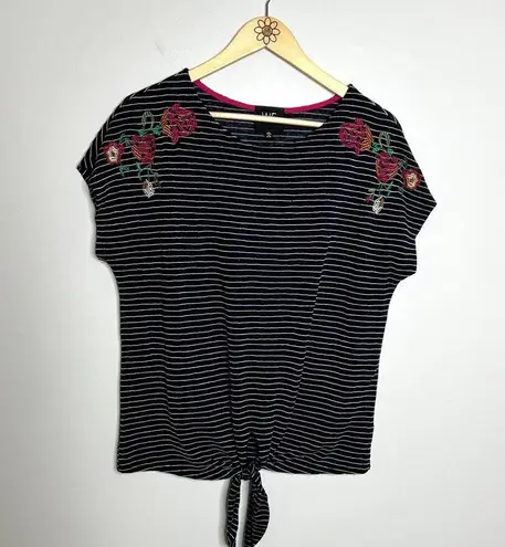 W5 Striped Floral Embroidered Short Sleeve Tie Top
