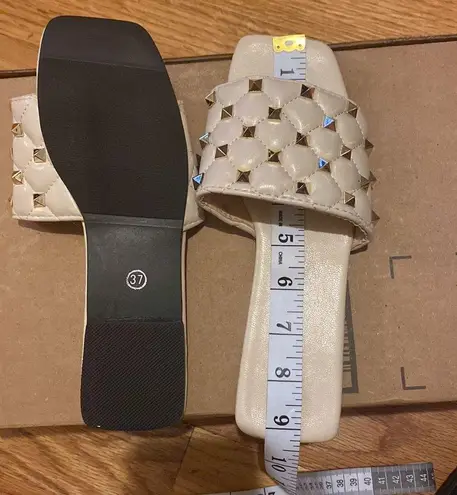 Women's Studded Sandals Flat Square Open Toe Pleather Strap Slides Slip On Shoes Gold Size 6.5