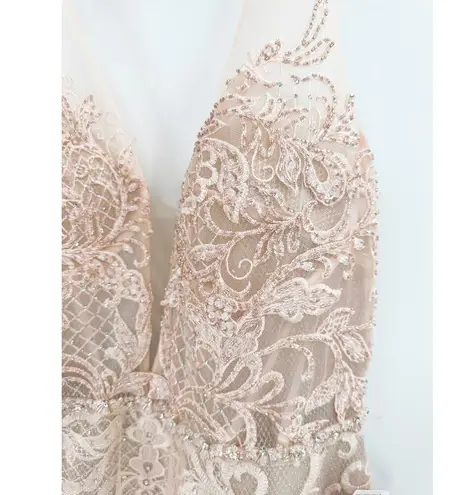 Mac Duggal 11183 Lace Ruffle Tiered Sleeveless Plunge Neck Gown In Peach 16