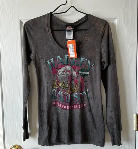 Harley Davidson Navy Rain Wash Long Sleeve Scoop Neck T-Shirt Extra Small NWT