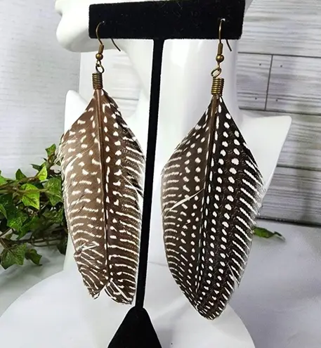 Spotted Guinea Fowl Feather Earrings Handmade New White