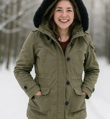 Michael Kors Hooded Parka Coat Size Large Olive Faux Fur Trim Sherpa Lining Black