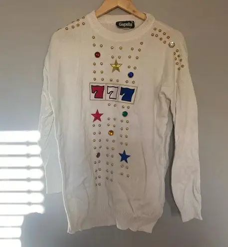 Vintage Gepetto 777 Lucky Number Bejeweled Sweater White Size L