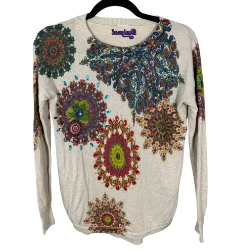 Desigual Metallic Floral Rhinestone Long Sleeve Blouse Size Small