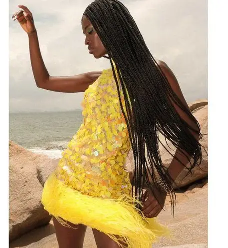 Bronx and Banco Izzy Sequin Feather Minidress yellow halter NEW size US 6 AU 10