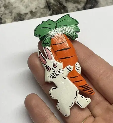Handmade Costume Brooch Pin Hand Painted Wood Carrot / Bunny Rabbit Easter