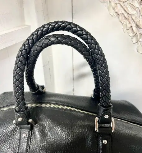 Hugo Boss BOSS Leather Braided Top Handle Medium Duffle Handbag Black