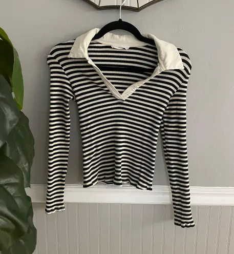 Mango Ribbed Knit Black White Striped Cropped Collared Top