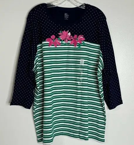 kim rogers Green Stripe Green Dot Pink Florals Stretch 3/4 Sleeve Top Size 2X