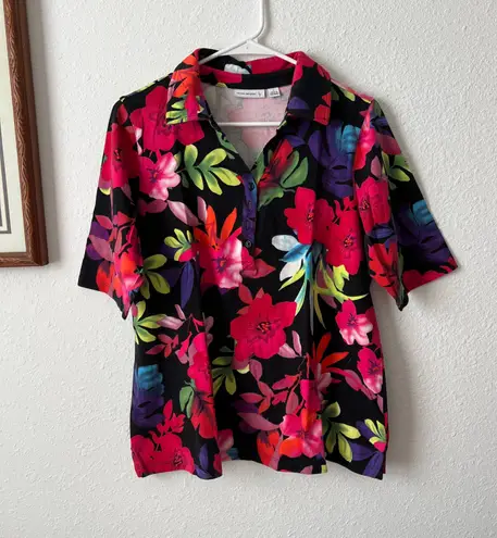 Susan Graver neon and black floral polo top Large Hawaii Hawaiian aloha