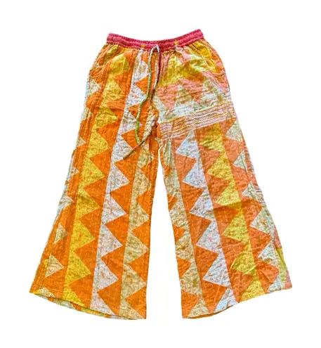 Kantha Wide Leg Drawstring Pull On Pants Handmade Boho Patchwork Orange Size undefined