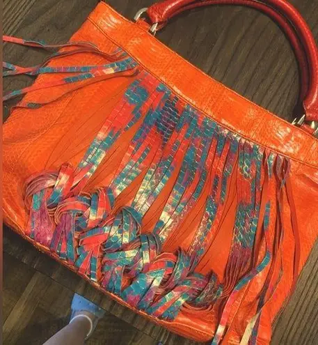 Y2k katherine kwei reptile skin bag Rare spring boho fringe orange blue spring