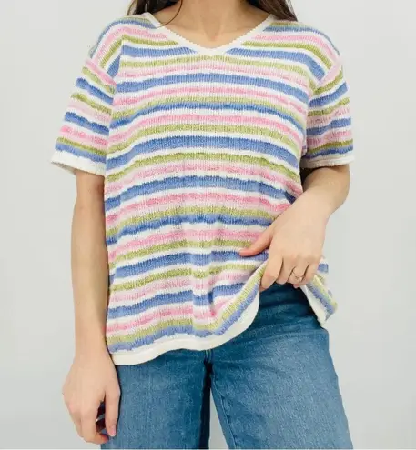 vtg cottagecore dainty scalloped pastel striped knit sweater ramie cotton top Pink Size XL