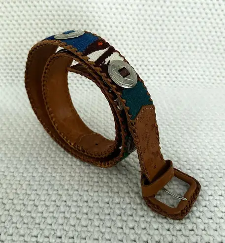 Artisan Vintage Tan Tooled Leather Guatemala Woven Multi Silver Ring Belt OS