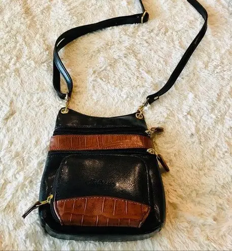 Vintage Bellerose Black & Tan Multi Compartment Faux Leather Crossbody Bag Purse