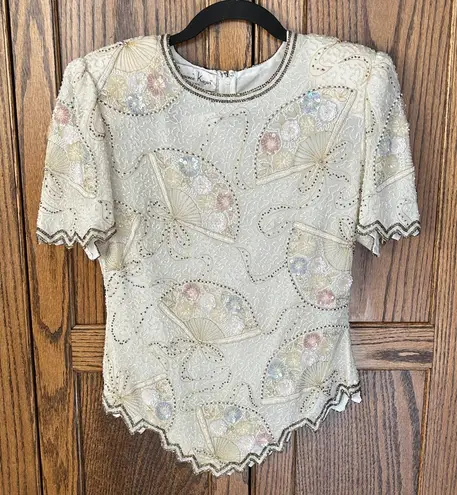 Laurence Kazar NWT Vintage Silk Sequin Beaded Ivory Fan Short Sleeve Top SMALL p