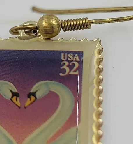 Swan Love 32 Cent Stamp Dangle Earrings Heart Gold Tone Postage Mail USA