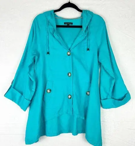 For Cynthia Linen Hooded Jacket Size Small Blue High Low Lagenlook
