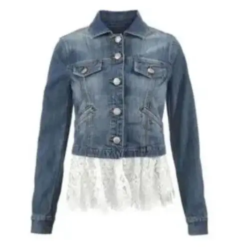 CAbi  denim Dakota jean jacket with removable ivory lace, large