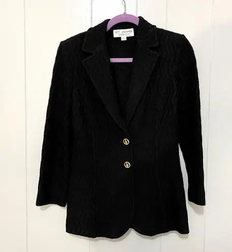 St. John Collection Black Gold Buttons Textured Knit Back Tie Classic Blazer 4