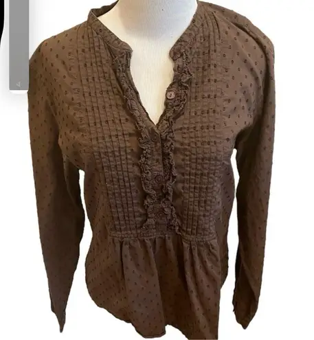 Boden USA Boden Brown Swiss Dot Shirt Ruffle USA 12 Retro Pleat Front Popover Button Down