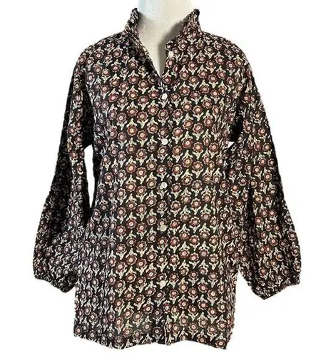 Mod’s Mahal Indian Cotton Block Print Retro 70s Button Down Shirt Size Medium Black