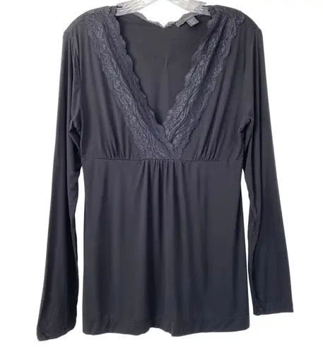 Tahari Y2K Babydoll Top Lace V Neck Long Sleeve Size M Black Empire Waist Grunge