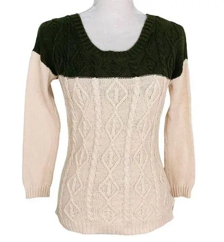 Olive & Oak Sweater S Beige Green Cable Knit Crew