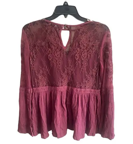 American Eagle  Outfitters Floral Mesh Flare Peplum Burgundy Top Women. M…