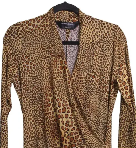 Norma Kamali Women Faux Wrap Dress Brown Leopard Print Ruched Midi Long Sleeve M