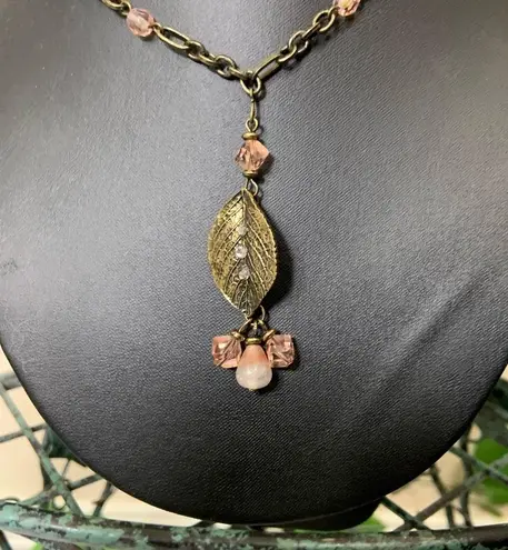 Gold Pink Leaf Fairy Feather Necklace New