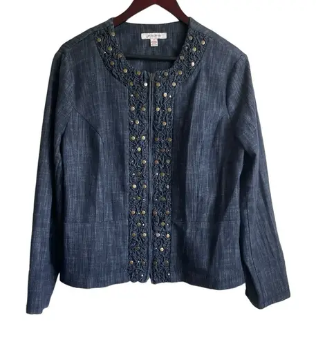 JM Collection Women Jacket 14 Blue Chambray Soft Denim Decorative Trim Blazer