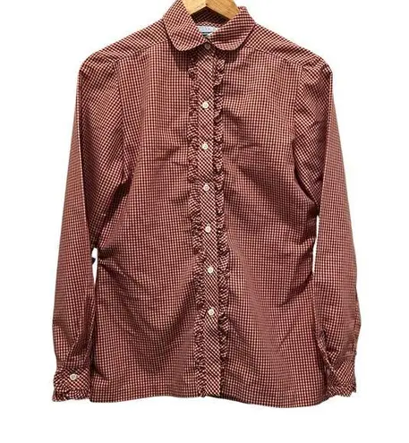 VTG ESSAY Ruffle Front Blouse Sz S Button Up Red Tan Western Retro Farmhouse