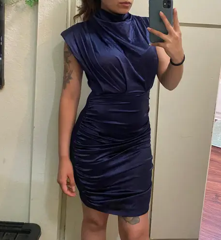 Lyaner XS Blue Satin Mock Neck Shoulder Padded Gathered Ruched Zip Up Dress