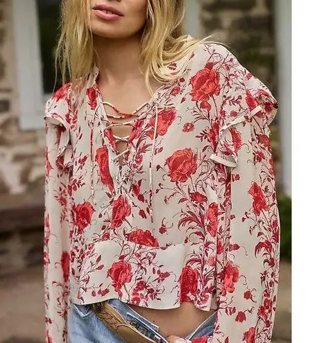 Maeve Floral Print Long-Sleeve Lace-Up Ruffled Sheer Blouse White Red Small P