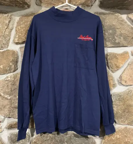 Vintage Navy Blue Embroidered Advertisement Long Sleeve Turtleneck Tee Size L